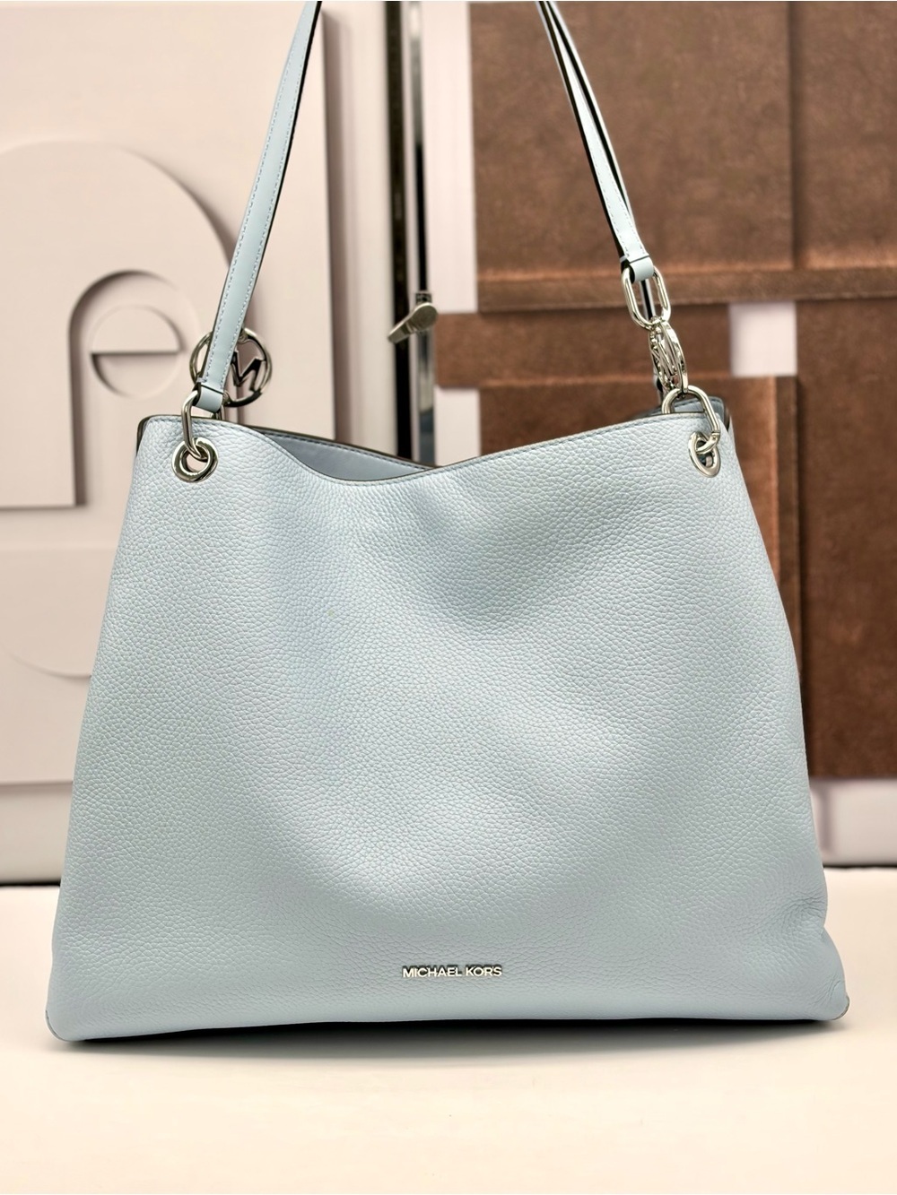 Michael Kors Christina Large Pebbled Leather Shoulder Tote Bag 
Pale Ocean NWT